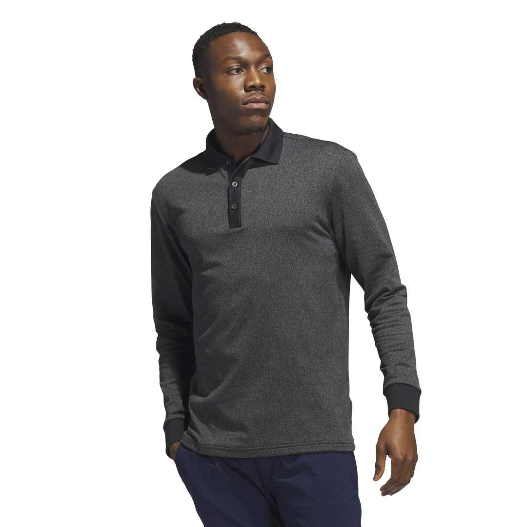 Adidas Men's Essentials Heathered Long Sleeve Polo 2023 - Black 4 Adidas Men's Essentials Heathered Long Sleeve Polo 2023 - Black - Image 2